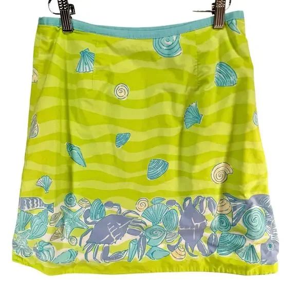 Vintage Lilly Pulitzer Reversible Wrap Skirt 6 Green Blue Low Tide Ocean Beach